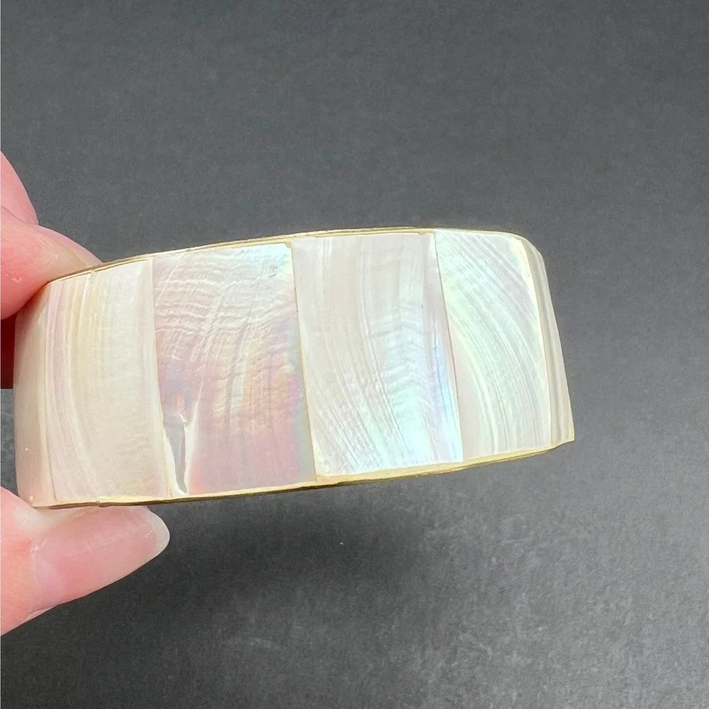 Vintage Bangle Bracelet Mother of Pearl Shell Inlay White Iridescent